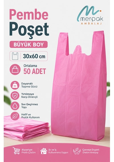 Kalın Pembe Poşet 30x60 Cm Büyük Boy 1 Kg Hışır Atlet Poşet Market Manav Poşeti Çöp Poşeti