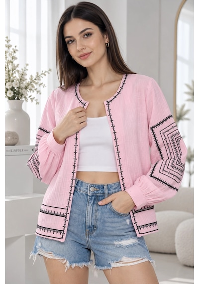 Mevese Kadın Nakış İşlemeli Müslin Kumaş Yazlık Ceket - Toz Pembe