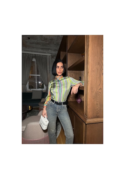 Meecy Çok Renkli Dikey Çizgili Premium Saten Gömlek - Retro Şık Tasarım Yeşil Yeşil