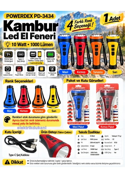 Powerdex 10w Ledli Kambur El Feneri Typ-c Şarjlı 2 Kademe + Flaşör