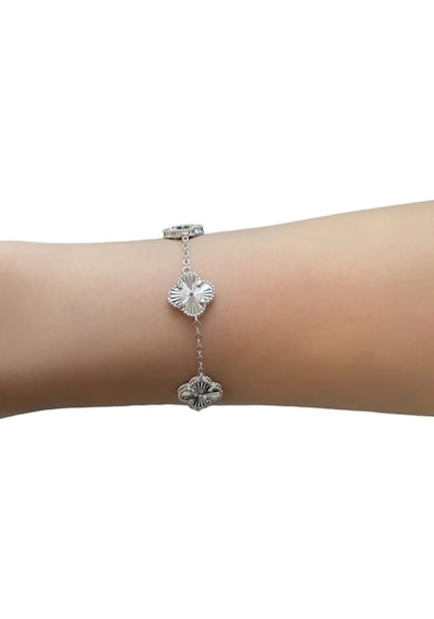 Erkek Kadın Gümüş Bileklik - 4 Yapraklı Yonca 5'li Lazerli Model Rhodium Kaplama Işıklı Kutuda Beyaz