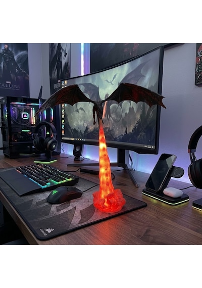 Ejderha Alev Püskürten Masa Lambası Dekoratif Gaming Oda Lambası Siyah -turuncu