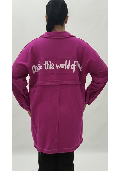Büyük Beden Yakalı Cepli Sloganlı Uzun Kol Oversize Viskon Kadın Tunik Sweatshirt Pembe