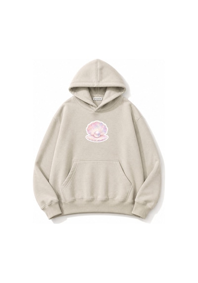 Herkesemoda İnci Baskılı Kapüşonlu 2 İplik Şardonlu Sweatshirt Bej