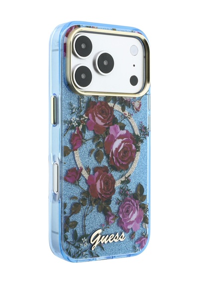 Apple iPhone 18 Pro Uyumlu Kılıf Guess Lisanslı M-safeli Gül Desenli Simli Yazı Logolu Kapak Açık Mavi