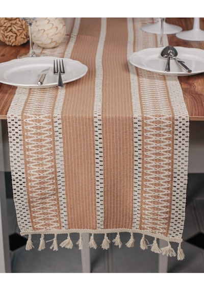Zethome Runner Pamuk Dantel Püsküllü Bej Runner ,sunum Örtüsü Dantel Bej 35x155 Cm