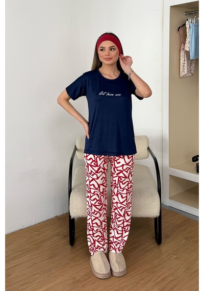 Giysa Kadın Bisiklet Yaka Desenli Kısa Kollu Pijama Takımı Lacivert - 26y 2601
