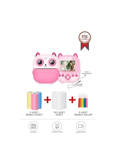 Torima Cmr-21 Pembe Dijital Video Kayıt Fotoğraf Çocuk Kamerası Termal Resim Kağıt Baskılı Yazıcı