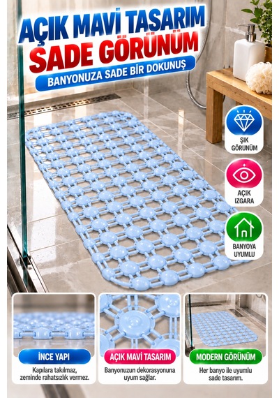 Crystal Kaymaz Vantuzlu Banyo Paspası Mavi 68x35 Cm Islak Zemin Kaydırmaz Küvet Duşakabin Pvc Matı