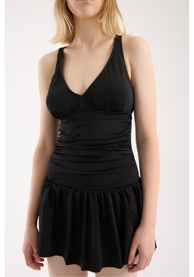 Gugus Kadın Sırt Bağlamalı İçi Çamaşırlı Etekli Mayo Beli Büzgü Detaylı Swimdress Siyah