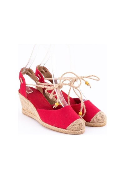 Star Tombis Gerçek Elişi Bilekten Bağcıklı Topuğu Açık Dolgu Topuk Kırmızı Keten Hasır Espadril Handmade Kırmızı