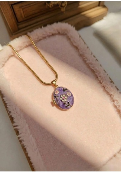 Lunarie Açılır Foto Madalyon Kolye 14k Gold Lila Mor Mineli Çiçek