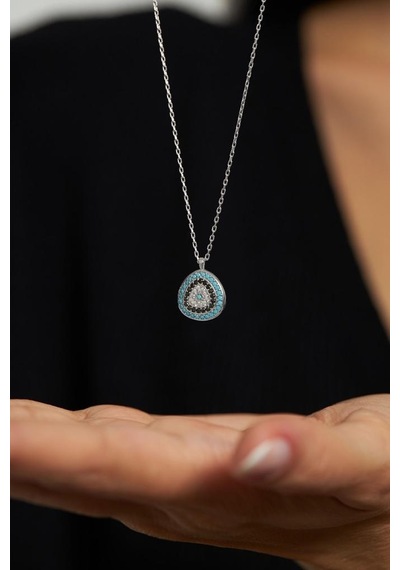 Roza Silver Mix Taşlı Rodyum Nazar Boncuğu Minimal Gümüş Kolye