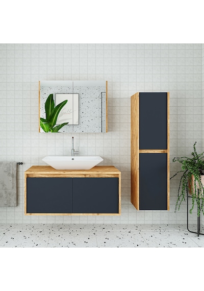 Banos Roomart Lavabolu Ahşap-Antrasit 100Cm Banyo Dolabı+Aynalı+B Antrasit
