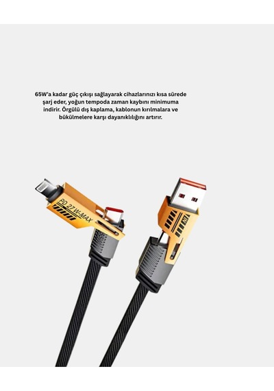 Usbc Usba 4 Ü 1 Arada Örgülü Kablo 65w Hızlı Şarj Metal Uç Dayanıklı