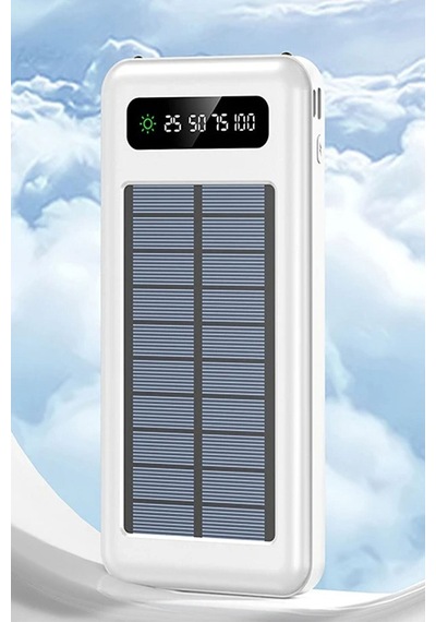 10000 Mah Powerbank Göstergeli Powerbank Solar Powerbank Güneş Enerjili Fenerli 4 Çıkışlı Beyaz