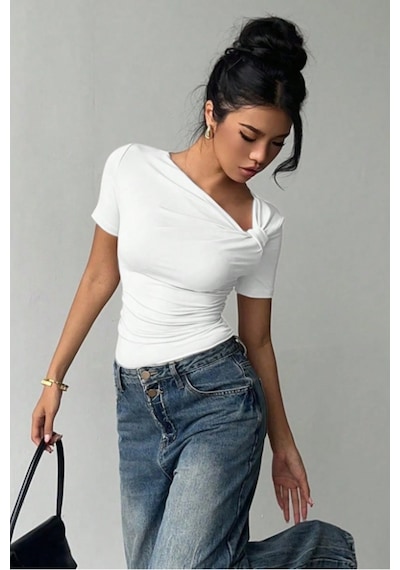 Kadın Çapraz Yaka Kısa Kollu Slim Fit Bluz Beyaz