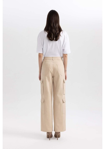 Defacto Coool Straight Fit Geniş Paça Yüksel Bel Kargo Cepli Gabardin Pantolon B1450ax23aubg159 Bej