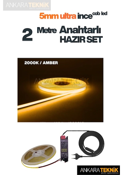 Ankara Teknik 5mm Ultra Ince Cob Şerit Led - Amber 12volt Tak Çalıştır Anahtarlı Set Metre Seçiniz 2 Metre