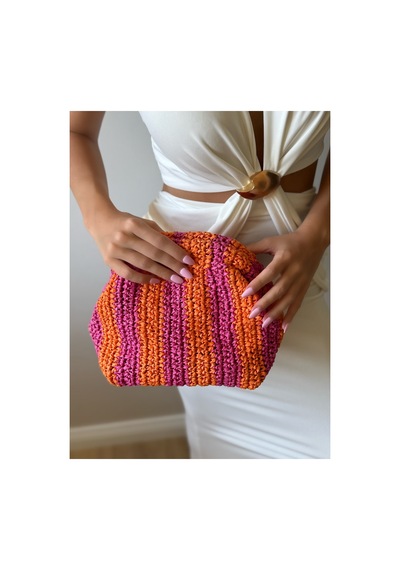 La'bien El Örgüsü Kağıt İp Clutch Çanta Turuncu Fuşya Çizgili El Yapımı Kadın Çanta Turuncu Turuncu