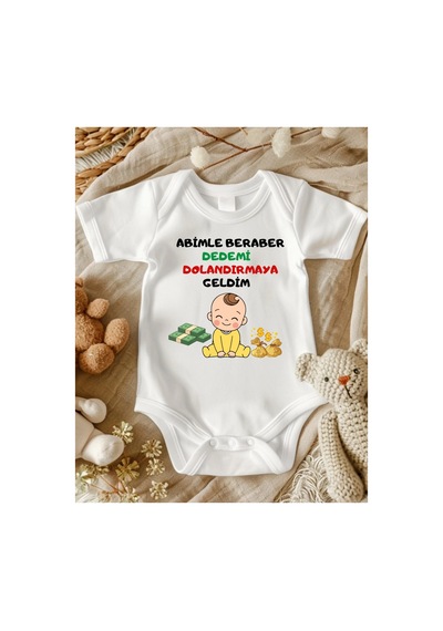 Lupi Abimle Beraber Dedemi Dolandırmaya Geldim Yazılı Bebek Zıbın Unisex ekru