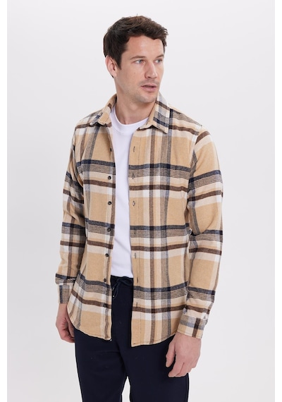 Tudors Erkek Slim Fit Dar Kesim Kareli Kışlık Oduncu Gömlek-42120 Bej