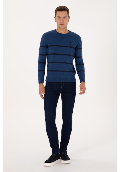 U.S. Polo Assn. Erkek Slim Fit Bisiklet Yaka Çizgili Açık Lacivert Kazak 50314976-VR059