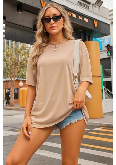 Düz Oversize Unisex Tişört Ycb3 Bej