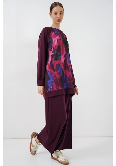 Bigdart Kadın Desenli Oversize Tunik Pantolon İkili Takım 55462 - Mor