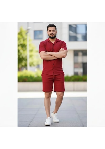 Erkek Waffle Kumaş Kısa Kollu Gömlek Ve Şort İkili Takım Regular Fit Bordo Erkek Waffle Kumaş Kısa Kollu Gömlek Ve Şort İkili Takım Regular Fit Bordo