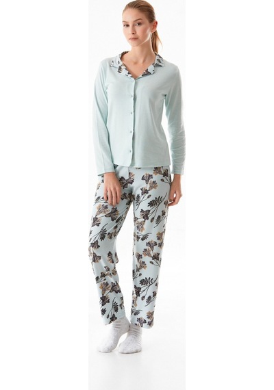 Fullamoda Yaprak Desenli Gömlek Yaka 2 Li Pijama Takımı 24mıcg631216553-buz Mavi Buz Mavi