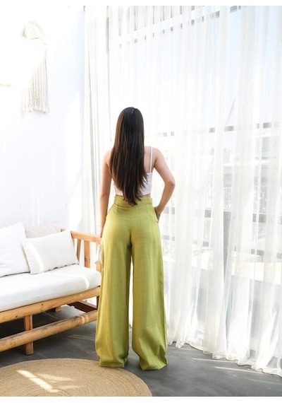 Defymoda Keten Düğme Detayli Dökümlü Palazzo Pantolon Yeşil