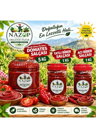 Nazop Domates Salçası Nazilli Güneş Kurutma 5 Kg.+1 Kg. Acı Biber Salçası + 1 Kg. Tatlı Biber Salçası