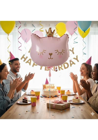 56x49 Cm Pembe Kedi Kafası Taçlı Folyo Balon 30 İnç - Doğum Günü Parti Dekorasyon Balonu Çok Renkli
