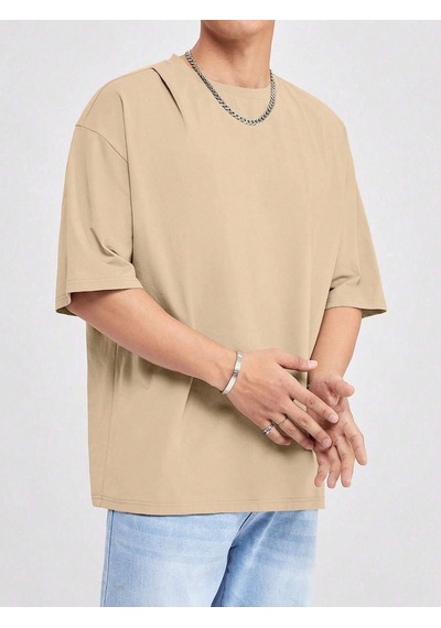Basic Süprem T-shirt - Bej Oversize Bisiklet Yaka Tişört Bej-78258