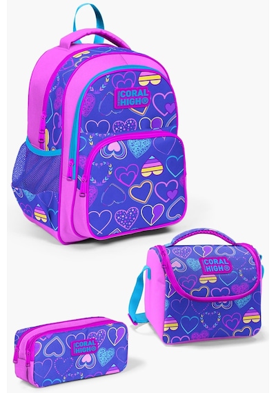 Coral High Kids Açık Pembe Lavanta Kalp Desenli 3'lü Okul Çanta Seti Set0123401