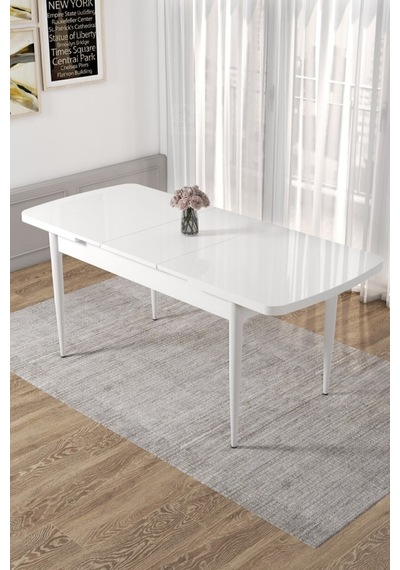 Canisa Concept Kor Serisi 70x114 Açılabilir Beyaz Mutfak Masası Takımı 6 Adet Krem Sandalye Masalar Beyaz Sandalyeler Krem