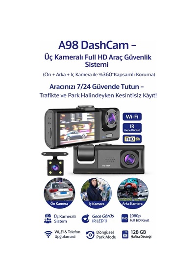 Buğz Akıllı Full Hd 3 Kameralı Araç İçi Güvenlik Kamerası Ön-arka-iç Kayıt, Park Modu
