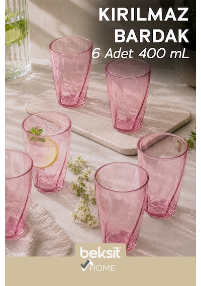 Home Glassy Kırılmaz Polikarbon 6'lı Bardak Pembe 400 Ml Pembe Pembe