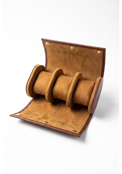3 Lü Deri Saat Kutusu Silindir Tasarım Taşınabilir Saat Saklama Organizer 24x11x7 Cm Taba