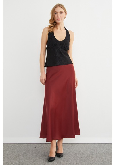 Fullamoda Beli Lastikli Maxi Boy Saten Etek Bordo