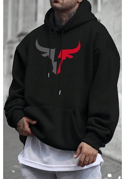 Uyguntarz Boğa Tasarım Baskılı Unisex Oversize Sweatshirt siyah