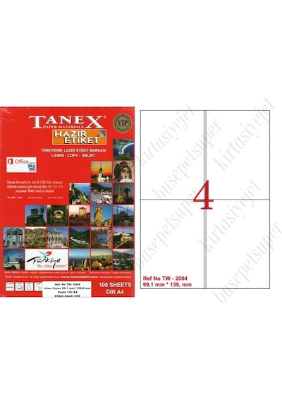 Tanex Tw-2004 Ebat 99 X 139 MM Lazer Etiket A4 Sayfada 2 Etiket