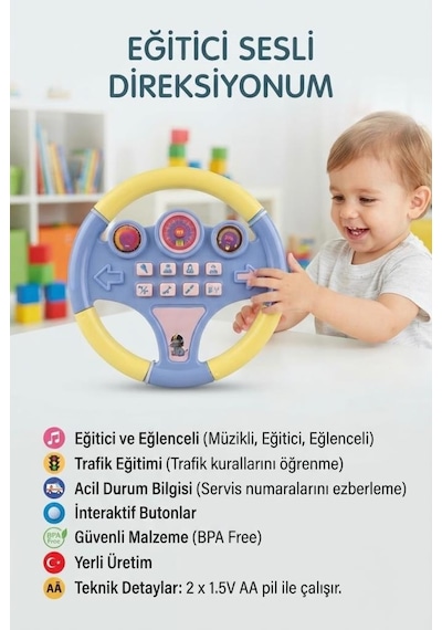 Eğitici Ve Müzikli Pilli Trafik Eğitim Direksiyonu - Sesli Ve Işıklı 8 Tuşlu Oyuncak