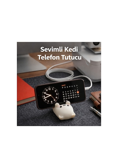 Kedi Figürlü Telefon Tutucu Telefon Standı Ofis, Çalışma Masası Ve Komidin Aksesuarı Kahverengi
