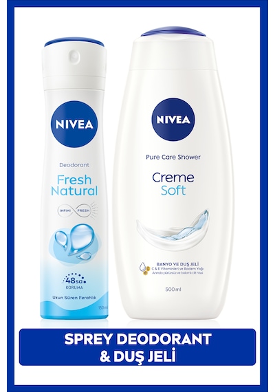 Nivea Creme Soft Banyo ve Duş Jeli 500 ML + Kadın Sprey Deodorant Fresh Natural 150 ML 48 Saat Ter Karşıtı