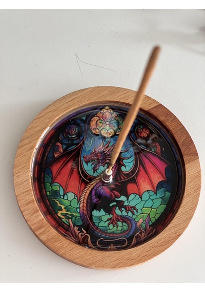 Ahşap Üzerine Epoksi Mandala Desenli Yuvarlak Tütsülük -12 Cm Çap- Ejderha/dragon