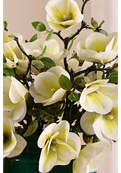 Beyaz Yapay Manolya Çiçeği 3 Dallı Premium Canlı Islak Dokulu 52 Cm