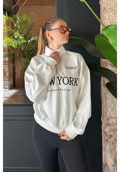 Madmext Ekru Yarım Fermuarlı Baskılı Sweatshirt Mg2240 Ekru