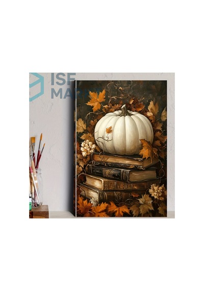 Elmas Boyama Seti - Beyaz Balkabağı Altın Harfli Vintage Kitap Yığını Yuvarlak Taşlı Dıy 30x40 Cm